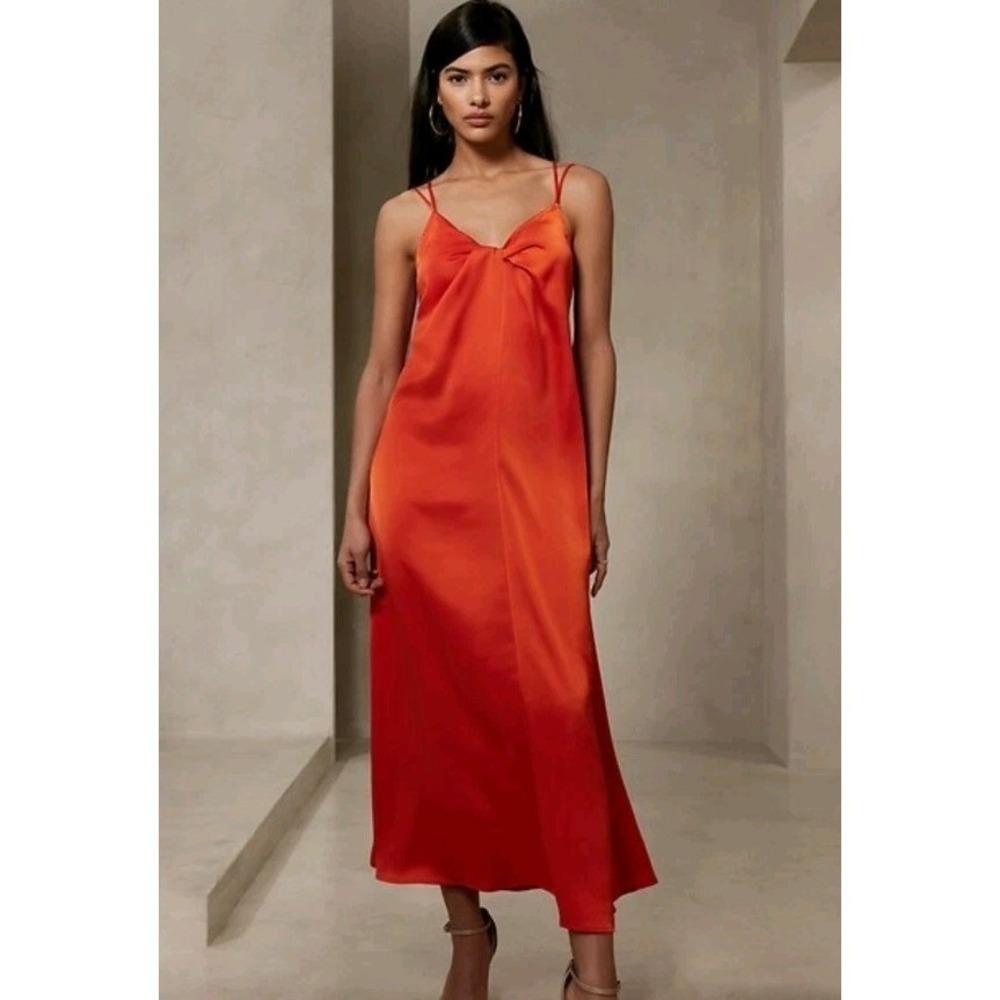 NWT Banana Republic Satin Dress Size XL Twist Front Open Back Orange Red Summer